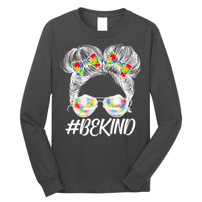 #Be Kind Cute Messy Bun Hair Autism Awareness Long Sleeve Shirt