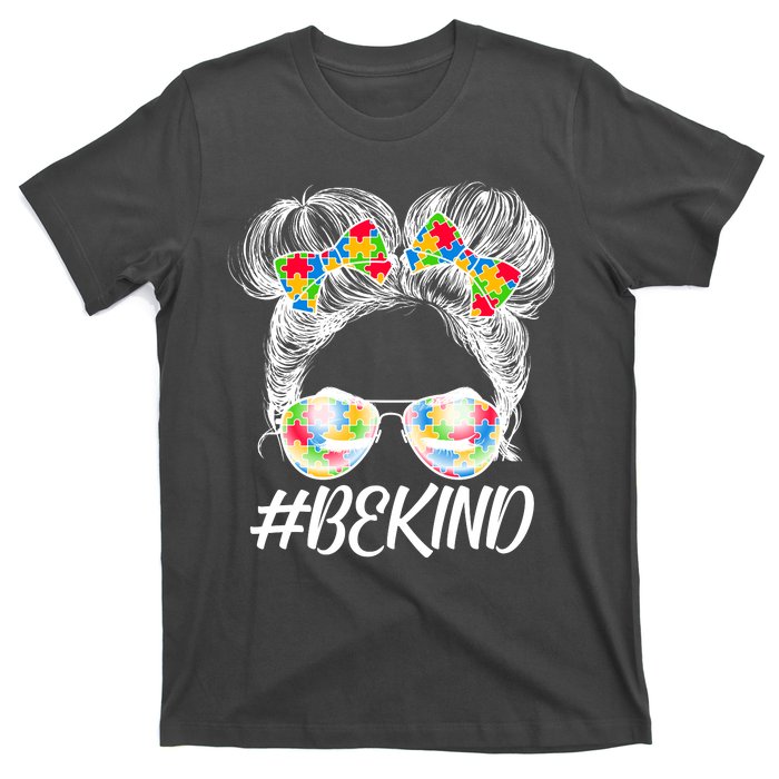 #Be Kind Cute Messy Bun Hair Autism Awareness T-Shirt