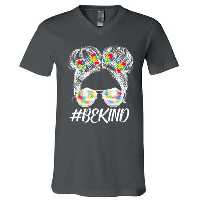 #Be Kind Cute Messy Bun Hair Autism Awareness V-Neck T-Shirt