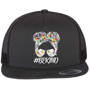 #Be Kind Cute Messy Bun Hair Autism Awareness Flat Bill Trucker Hat