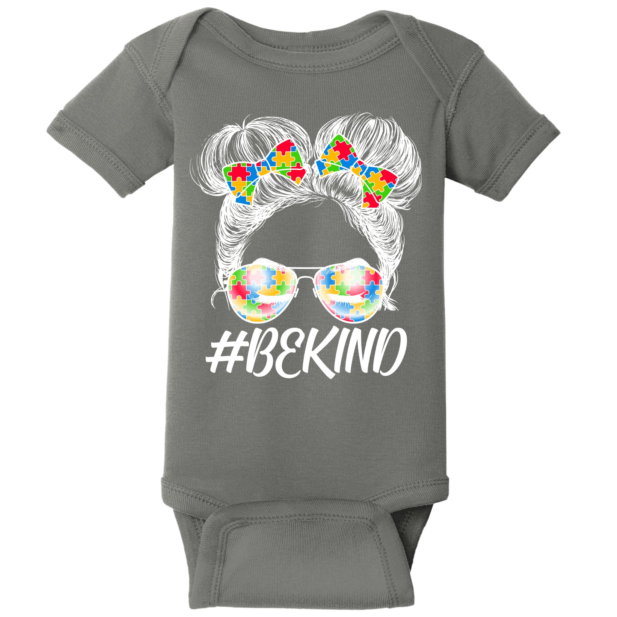 #Be Kind Cute Messy Bun Hair Autism Awareness Baby Bodysuit