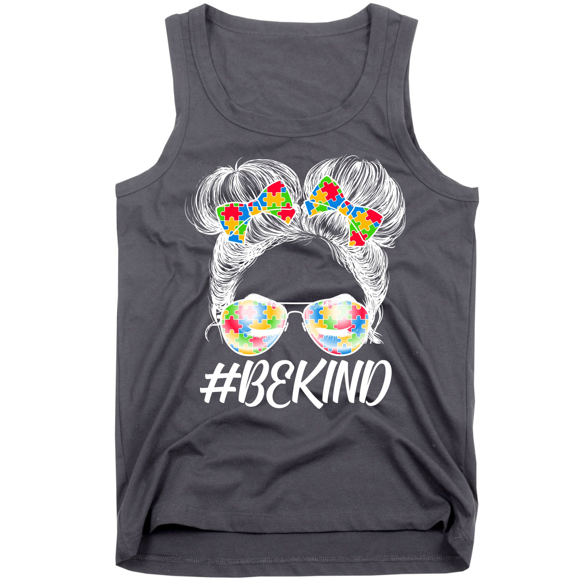 #Be Kind Cute Messy Bun Hair Autism Awareness Tank Top