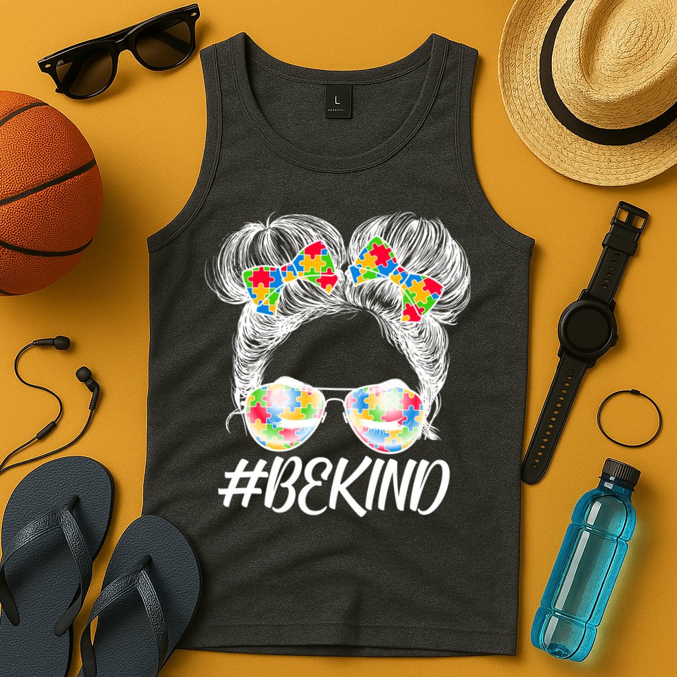 #Be Kind Cute Messy Bun Hair Autism Awareness Tank Top