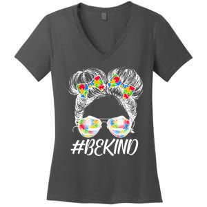 #Be Kind Cute Messy Bun Hair Autism Awareness Women's V-Neck T-Shirt