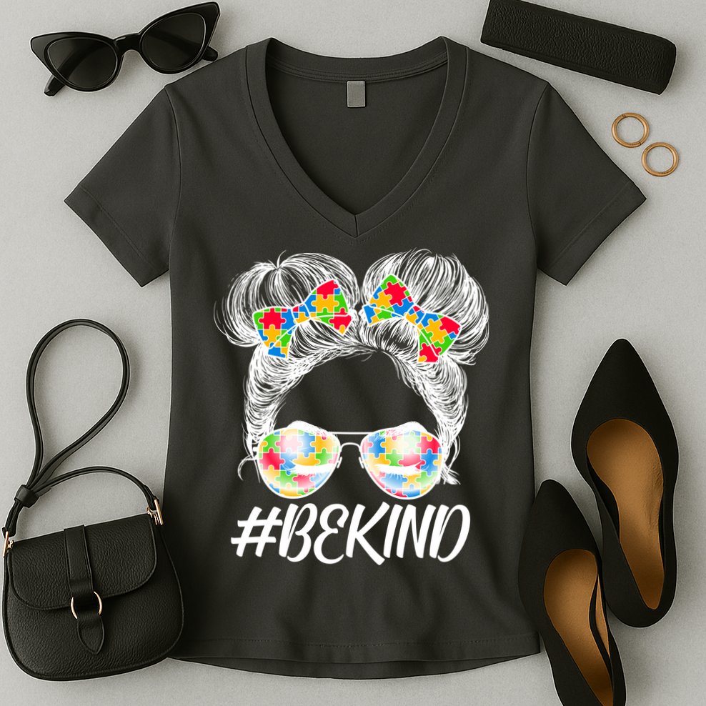 #Be Kind Cute Messy Bun Hair Autism Awareness Women's V-Neck T-Shirt