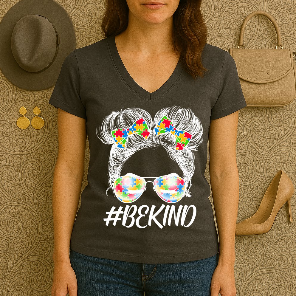 #Be Kind Cute Messy Bun Hair Autism Awareness Women's V-Neck T-Shirt