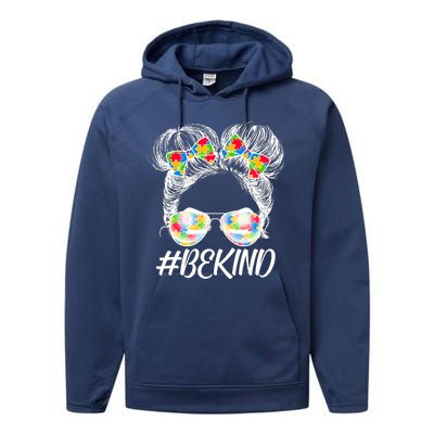 #Be Kind Cute Messy Bun Hair Autism Awareness Performance Fleece Hoodie