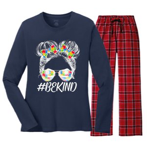 #Be Kind Cute Messy Bun Hair Autism Awareness Women's Long Sleeve Flannel Pajama Set 