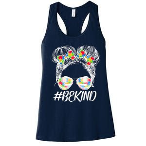 #Be Kind Cute Messy Bun Hair Autism Awareness Women's Racerback Tank