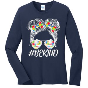 #Be Kind Cute Messy Bun Hair Autism Awareness Ladies Long Sleeve Shirt