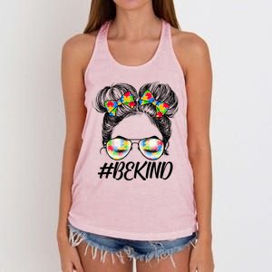 #Be Kind Cute Messy Bun Hair Autism Awareness Women's Knotted Racerback Tank