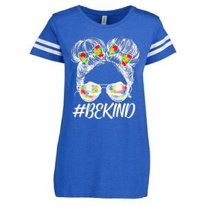 #Be Kind Cute Messy Bun Hair Autism Awareness Enza Ladies Jersey Football T-Shirt