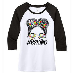 #Be Kind Cute Messy Bun Hair Autism Awareness Women's Tri-Blend 3/4-Sleeve Raglan Shirt