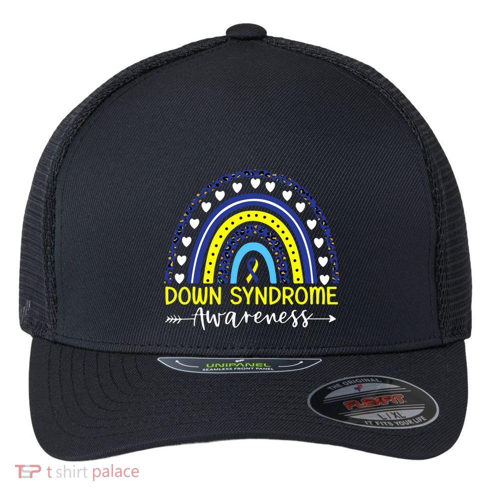 Be Kind Down Syndrome Awareness Ribbon Rainbow Kindness Gift Flexfit Unipanel Trucker Cap