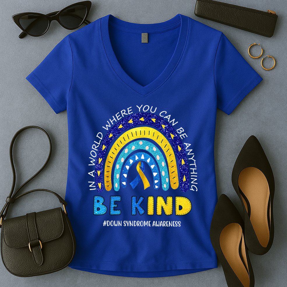 Be Kind Down Syndrome Awareness Rainbow Women's V-Neck T-Shirt