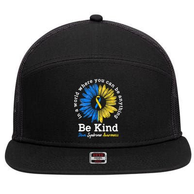 Be Kind Down Syndrome Awareness Ribbon Sunflower Kindness 7 Panel Mesh Trucker Snapback Hat