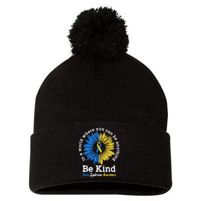 Be Kind Down Syndrome Awareness Ribbon Sunflower Kindness Pom Pom 12in Knit Beanie