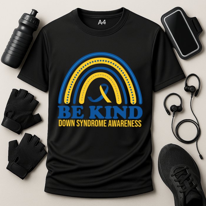 Be Kind Down Syndrome Awareness Rainbow Ribbon Cooling Performance Crew T-Shirt