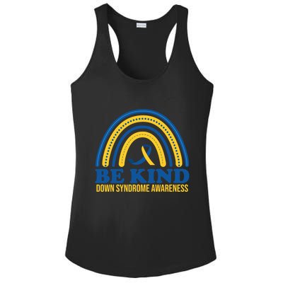 Be Kind Down Syndrome Awareness Rainbow Ribbon Ladies PosiCharge Competitor Racerback Tank