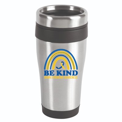 Be Kind Down Syndrome Awareness Rainbow Ribbon 16oz Travel Tumbler