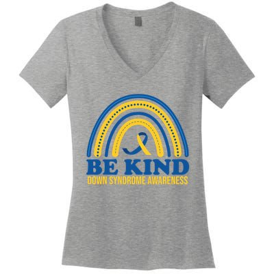 Be Kind Down Syndrome Awareness Rainbow Ribbon Women's V-Neck T-Shirt