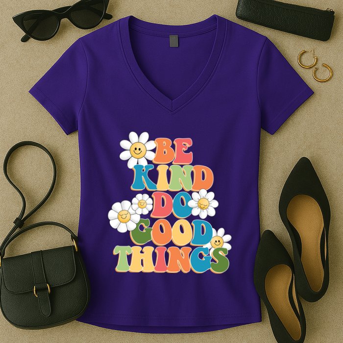 Be Kind Do Good Things Retro Sunflower Women's V-Neck T-Shirt