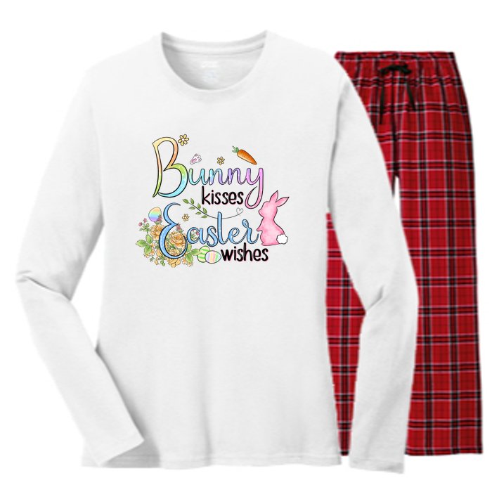 Bunny Kisses Easter Wishes Happy Easter Day Women's Long Sleeve Flannel Pajama Set 