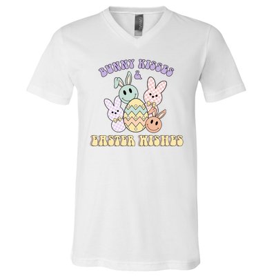 Bunny Kisses Easter Wishes Retro Easter Day V-Neck T-Shirt