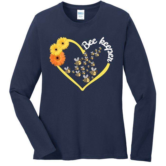 Bee Keeper -Flowers Heart Design- Female Bee Keeping Gift Ladies Long Sleeve Shirt