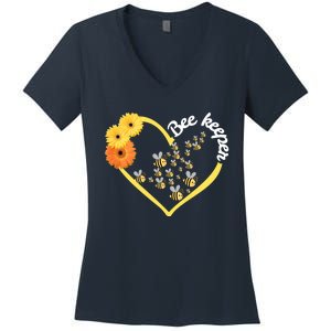 Bee Keeper -Flowers Heart Design- Female Bee Keeping Gift Women's V-Neck T-Shirt