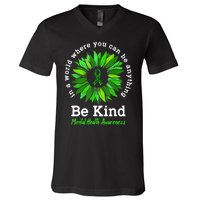 Be Kind Green Ribbon Sunflower Mental Health Awareness Gifts V-Neck T-Shirt