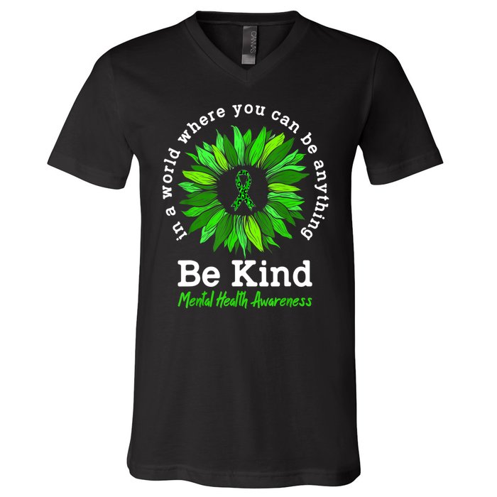 Be Kind Green Ribbon Sunflower Mental Health Awareness Gifts V-Neck T-Shirt