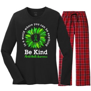 Be Kind Green Ribbon Sunflower Mental Health Awareness Gifts Women's Long Sleeve Flannel Pajama Set 