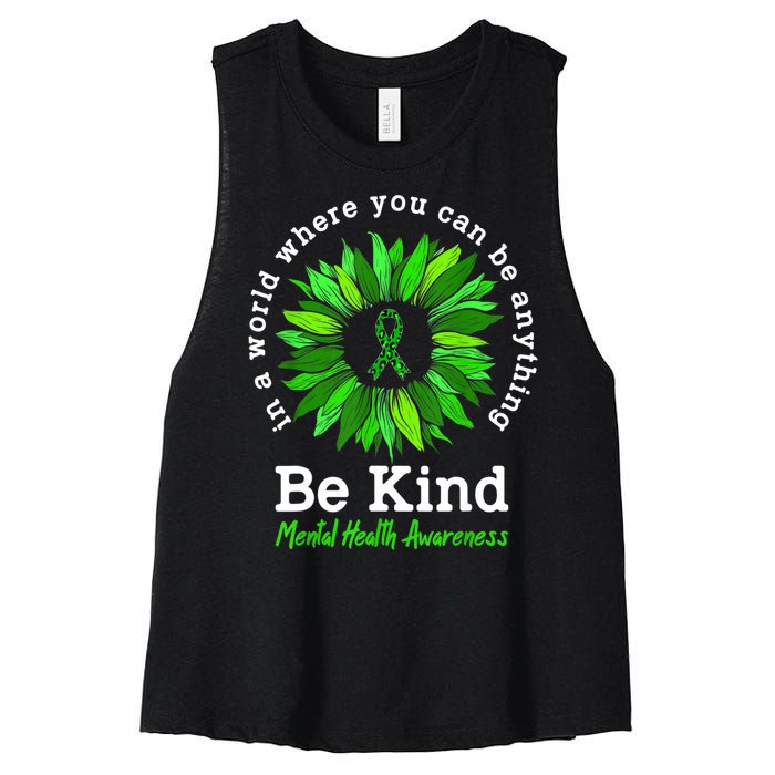 Be Kind Green Ribbon Sunflower Mental Health Awareness Gifts Women's Racerback Cropped Tank