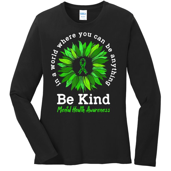 Be Kind Green Ribbon Sunflower Mental Health Awareness Gifts Ladies Long Sleeve Shirt