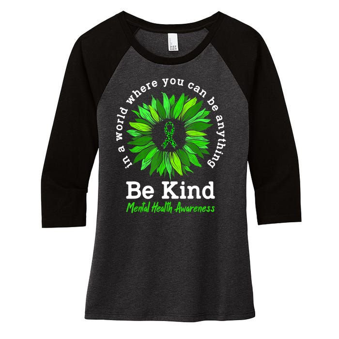 Be Kind Green Ribbon Sunflower Mental Health Awareness Gifts Women's Tri-Blend 3/4-Sleeve Raglan Shirt