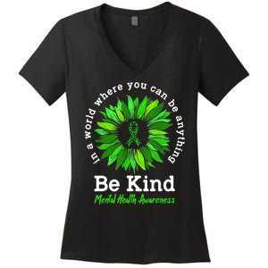 Be Kind Green Ribbon Sunflower Mental Health Awareness Gifts Women's V-Neck T-Shirt