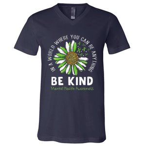 Be Kind Green Ribbon Sunflower Mental Health Awareness V-Neck T-Shirt