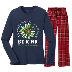 Be Kind Green Ribbon Sunflower Mental Health Awareness Women's Long Sleeve Flannel Pajama Set 