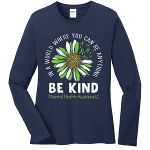 Be Kind Green Ribbon Sunflower Mental Health Awareness Ladies Long Sleeve Shirt