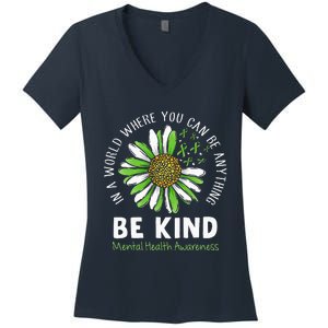 Be Kind Green Ribbon Sunflower Mental Health Awareness Women's V-Neck T-Shirt