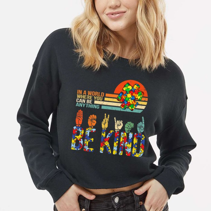 Be Kind Hand Sign Language ASL Puzzle Autism Cropped Pullover Crew