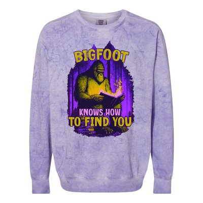 Bigfoot Knows How To Find You Loves To Read Cool Gift Colorblast Crewneck Sweatshirt