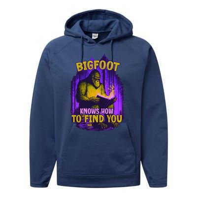 Bigfoot Knows How To Find You Loves To Read Cool Gift Performance Fleece Hoodie