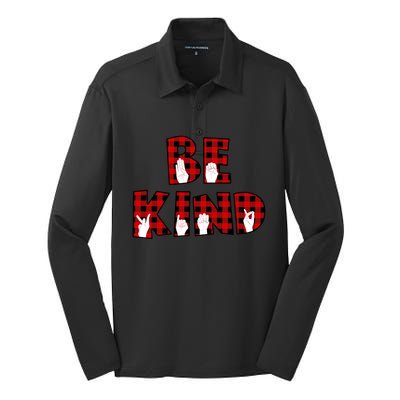 Be Kind Hand Sign Language Buffalo Plaid Teachers Asl Funny Gift Great Gift Silk Touch Performance Long Sleeve Polo