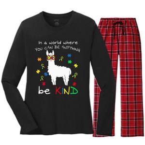 Be Kind Llama Puzzle Piece Cool Autism Awareness Gift Women's Long Sleeve Flannel Pajama Set 