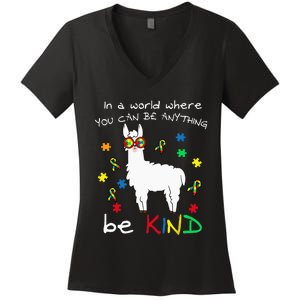 Be Kind Llama Puzzle Piece Cool Autism Awareness Gift Women's V-Neck T-Shirt