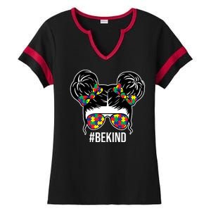 Be Kind Messy Bun Autism Awareness Ladies Halftime Notch Neck Tee