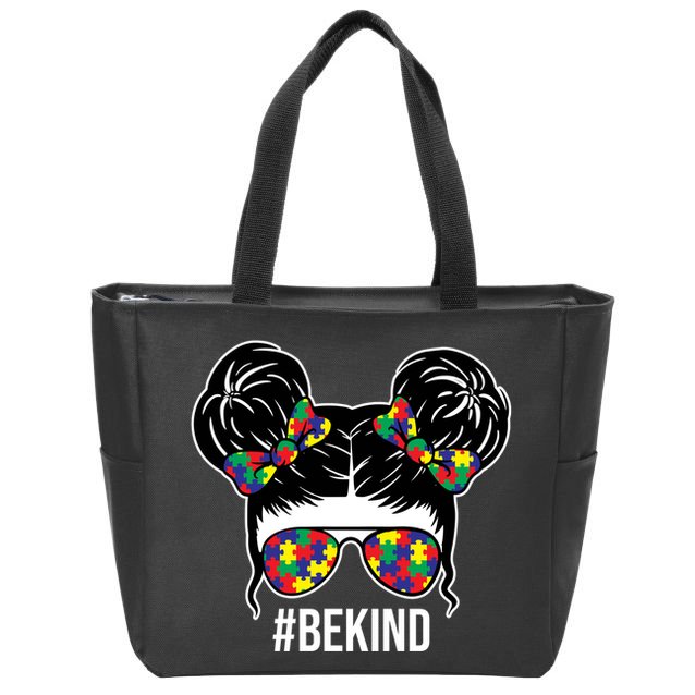 Be Kind Messy Bun Autism Awareness Zip Tote Bag
