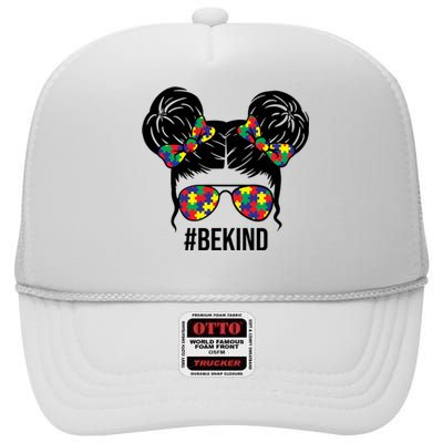 Be Kind Messy Bun Autism Awareness High Crown Mesh Back Trucker Hat